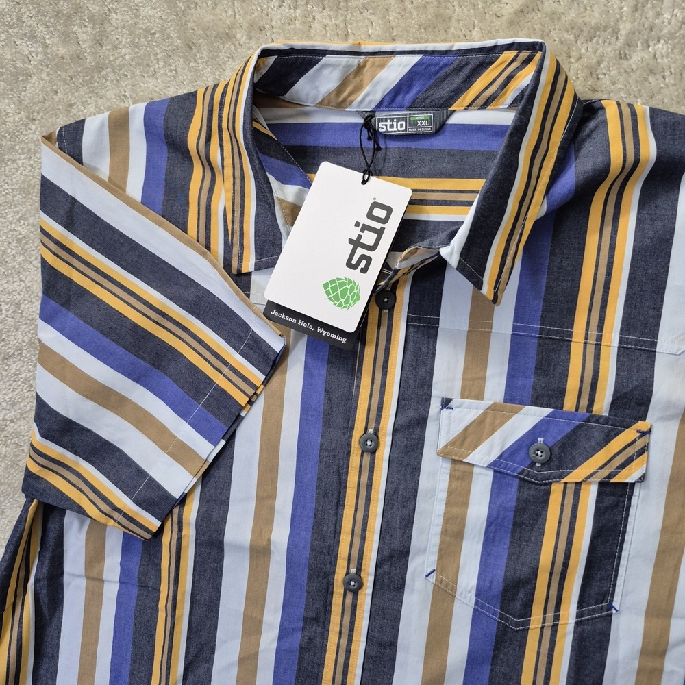 Stio Curtis Camp Shirt Mens 2XL Blue Stripe Button Up Outdoor BBQ Dad Retro 70s